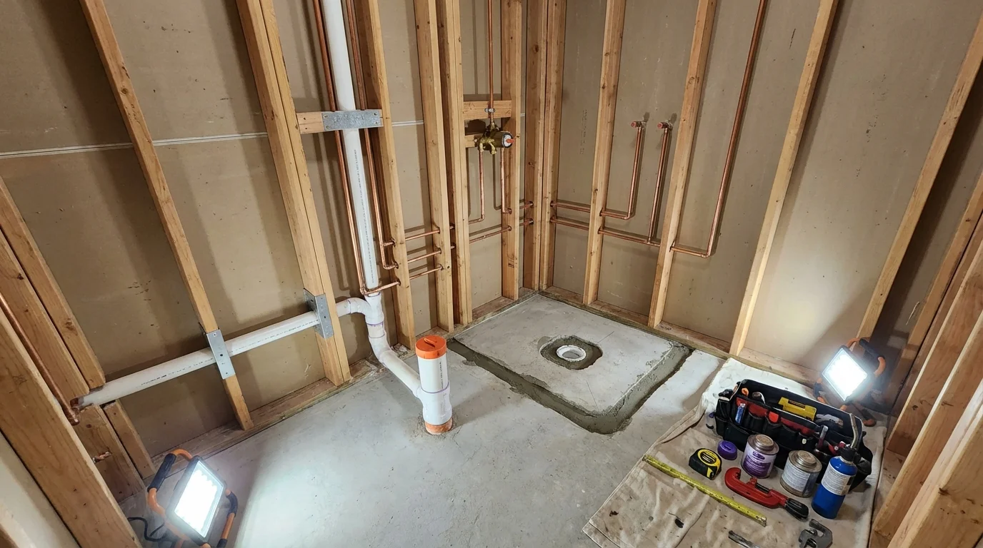 Bathroom rough-in plumbing during remodel by Johns Plumbing LLC in Sussex