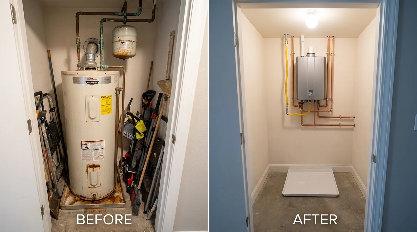 Tank water heater versus wall-mounted tankless unit comparison for Sussex, VA homeowners