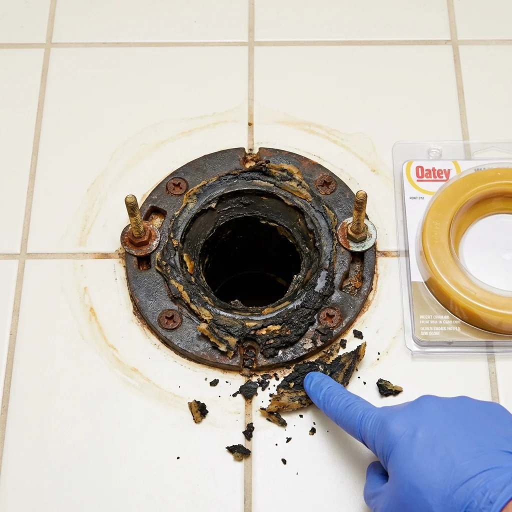Failed wax ring showing water seepage at the base of a toilet in a Sussex, VA home