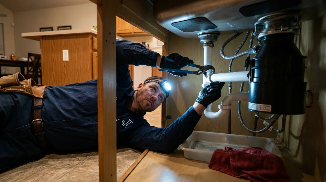 P-trap and supply line connections under a kitchen sink showing a common leak point in Sussex, VA